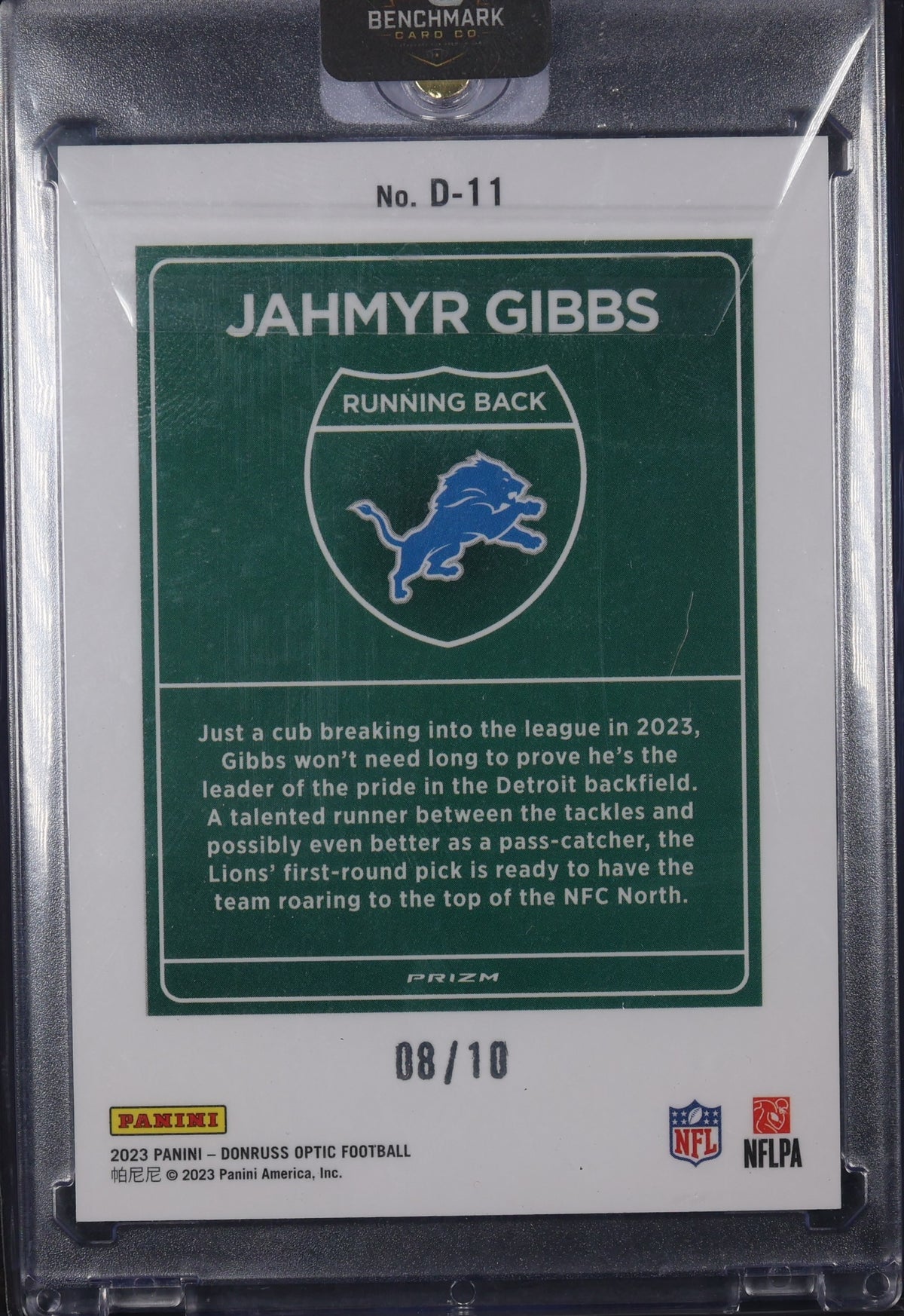 2023 Donruss Optic #D-11 Jahmyr Gibbs Downtown Gold #/10