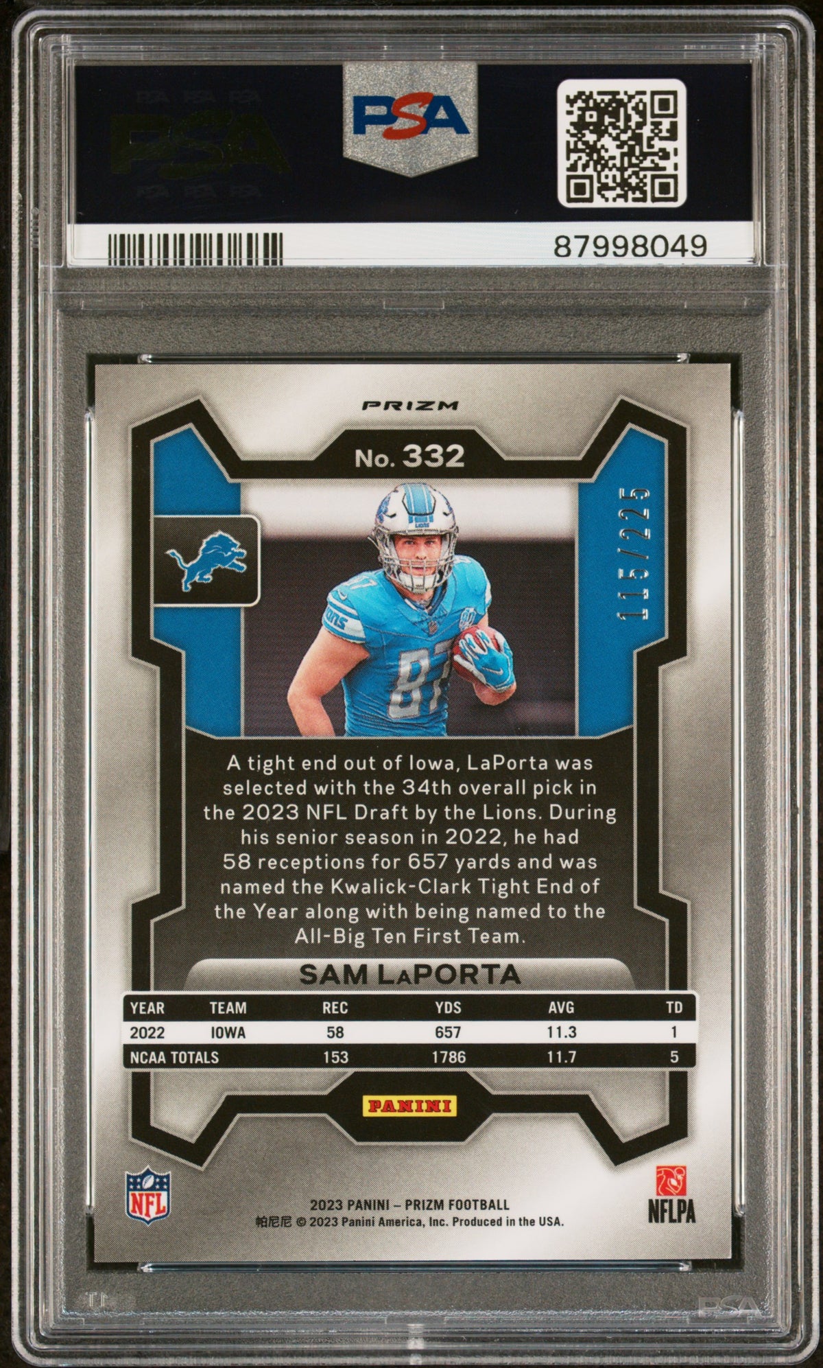 2023 Panini Prizm #332 Sam Laporta Purple Ice PSA 10 #/225