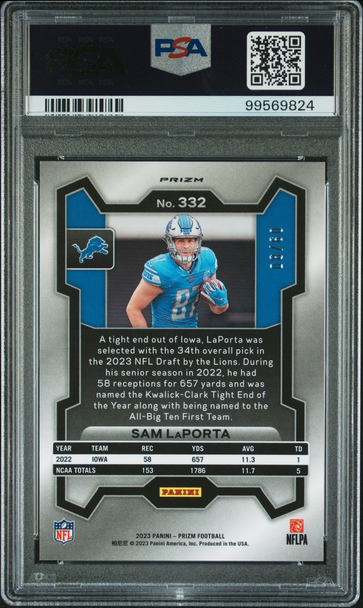 2023 Panini Prizm #332 Sam Laporta Orange Wave PSA 10 #/60