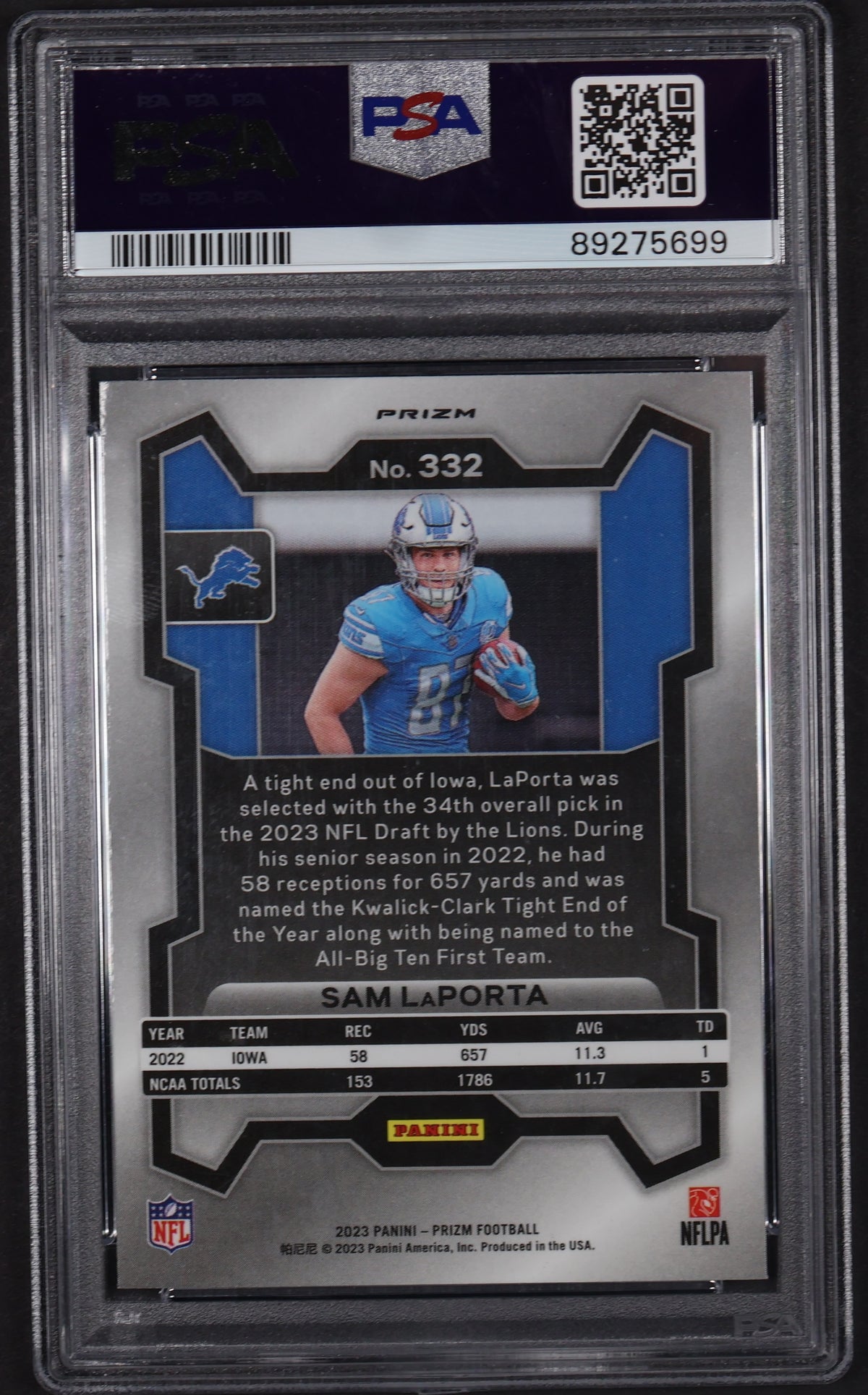 2023 Panini Prizm #332 Sam LaPorta Red White and Blue PSA 10