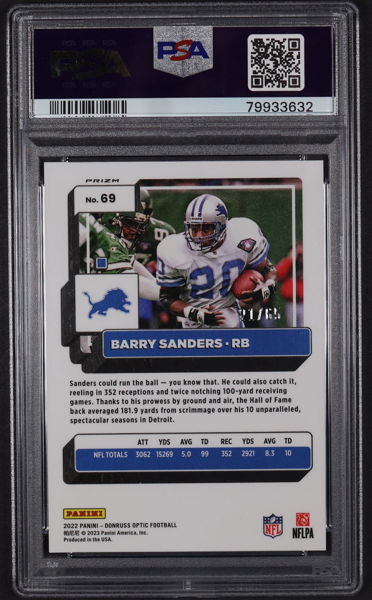 2022 Donruss Optic #69 Barry Sanders Electricity PSA 10 #/65