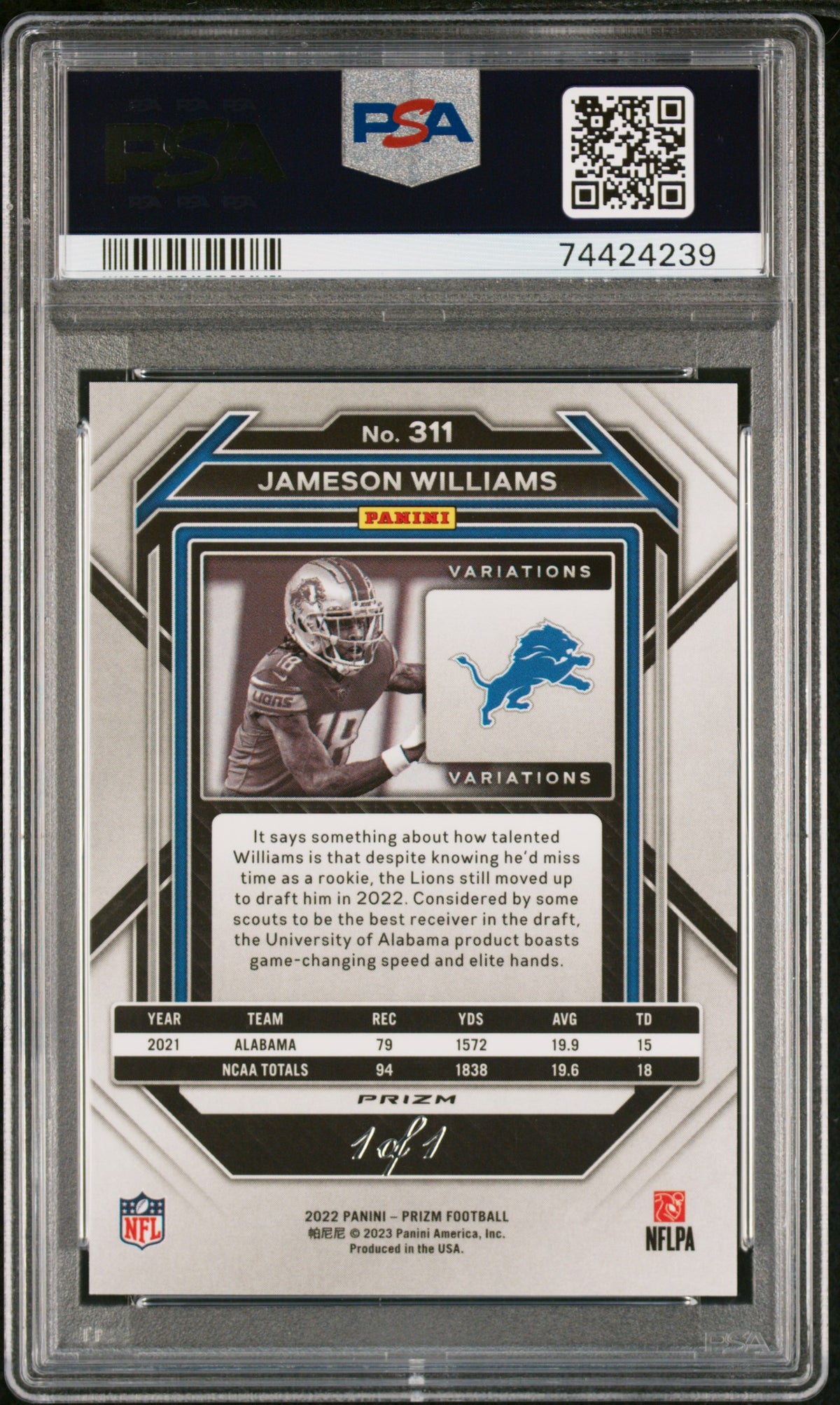 2022 Panini Prizm #311 Jameson Williams Variation-Black Finite 1/1 PSA 9 #/1