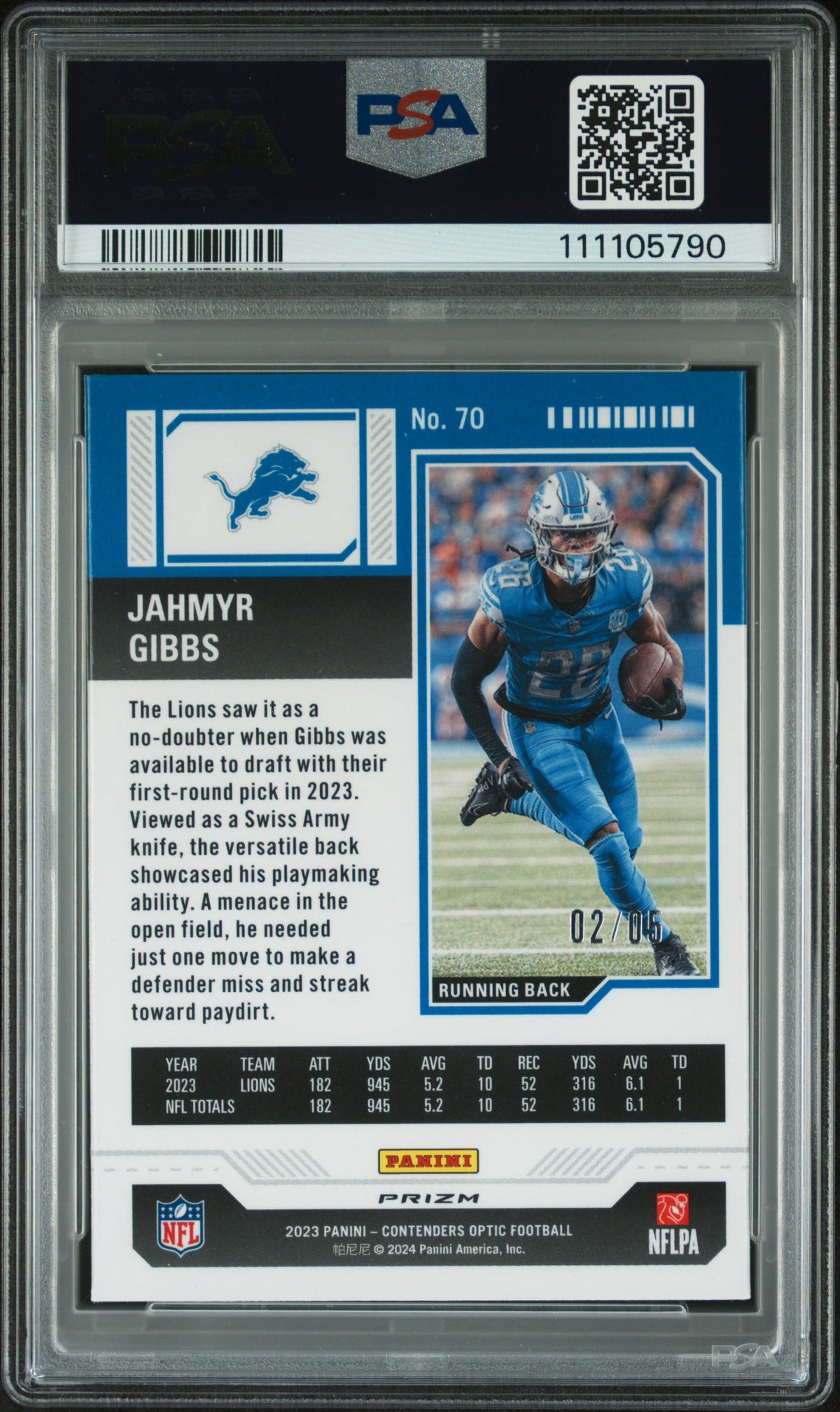 2023 Panini Contenders Optic #70 Jahmyr Gibbs Black Pulsar PSA 9 #/5