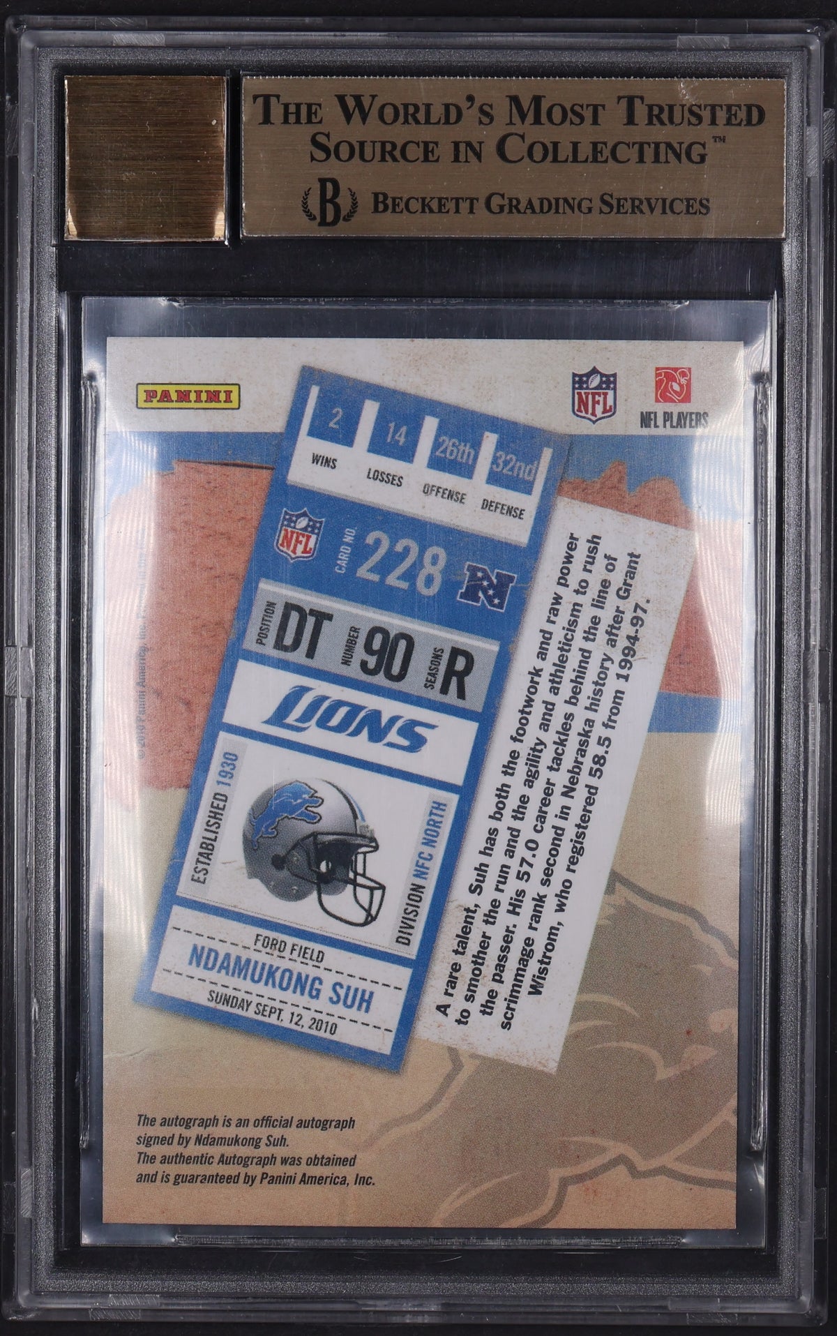 2010 Playoff Contenders #228b Autograph Ndamukong Suh BGS 9.5