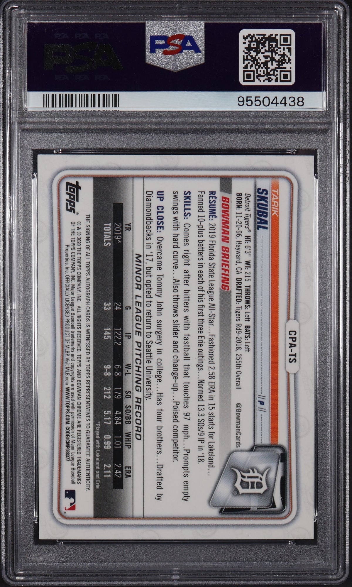 2020 Bowman #CPA-TS Tarik Skubal Chrome Prospect Auto Gold Refractor PSA 10 #/50
