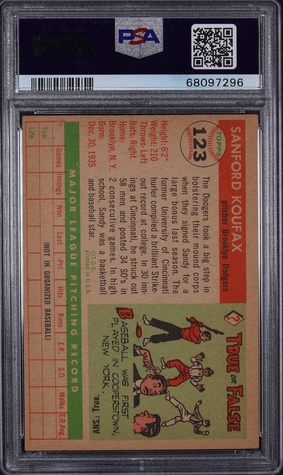 1955 Topps #123 "Sandy" Koufax PSA 5