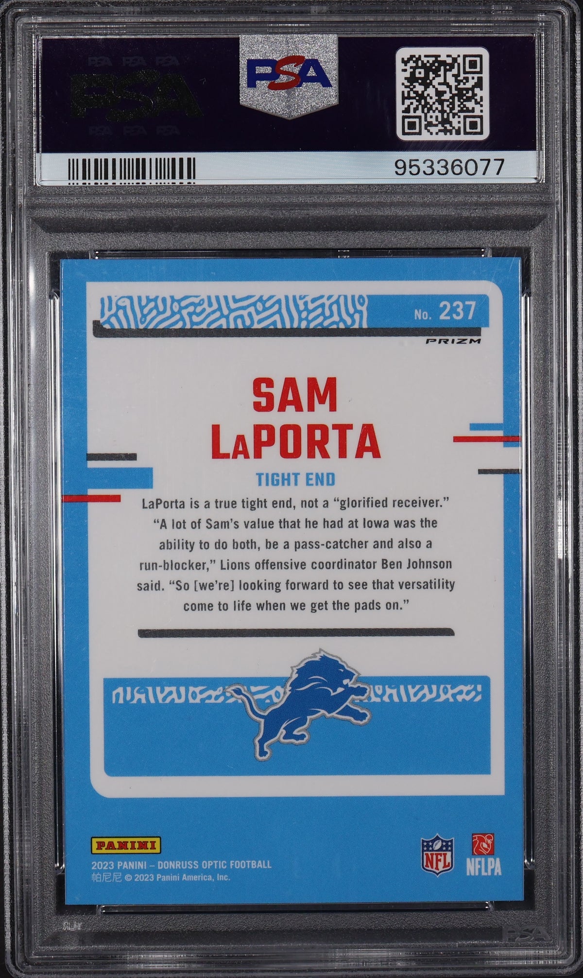 2023 Donruss Optic #237 Sam LaPorta Purple Shock PSA 10