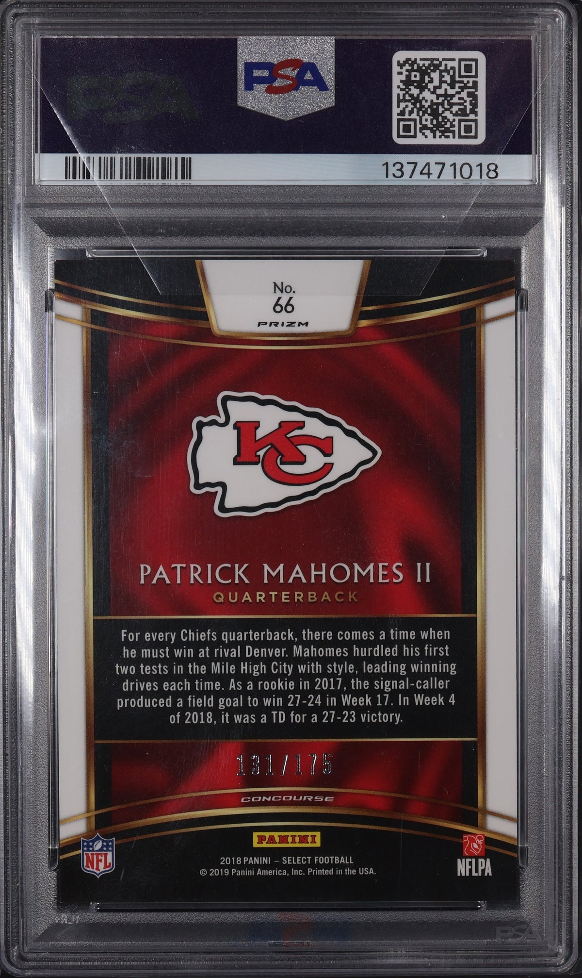 2018 Panini Select #66 Patrick Mahomes II Blue Prizm PSA 9 #/175