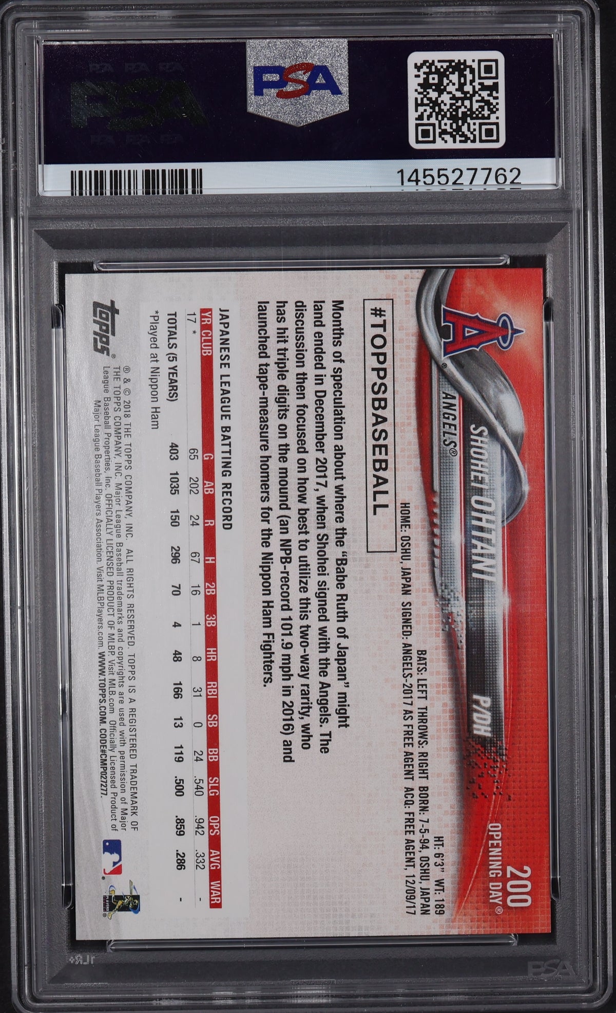 2018 Topps Opening Day #200 Shohei Ohtani PSA 10