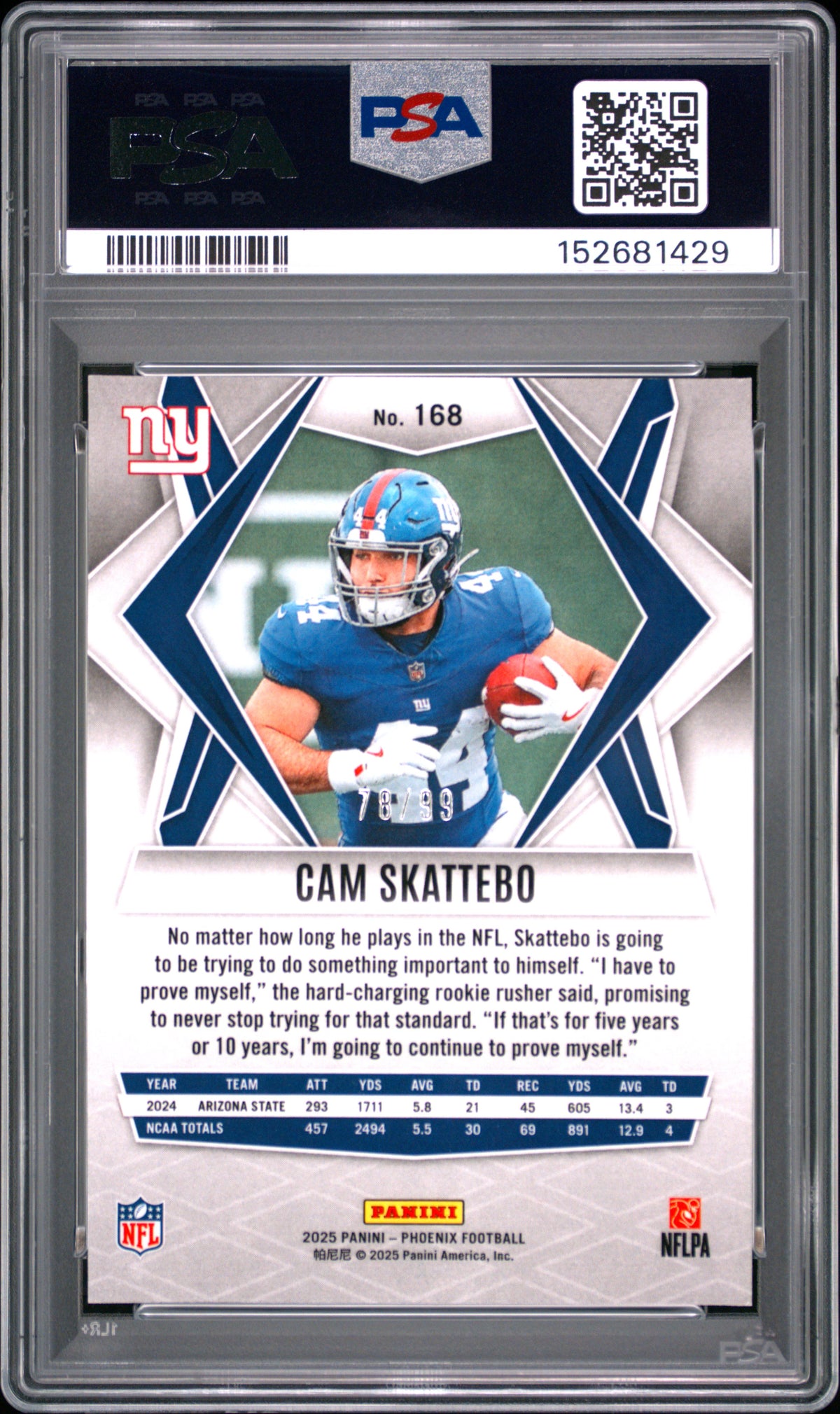 2025 Panini Phoenix #168 Cam Skattebo Red Seismic PSA 10 #/99