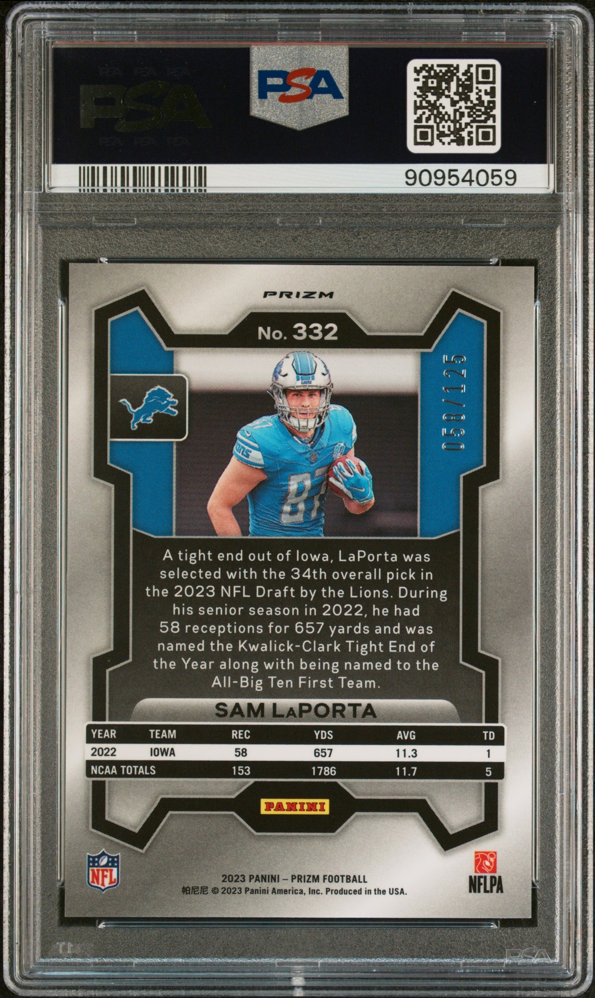 2023 Panini Prizm #332 Sam LaPorta Purple PSA 10 #/125