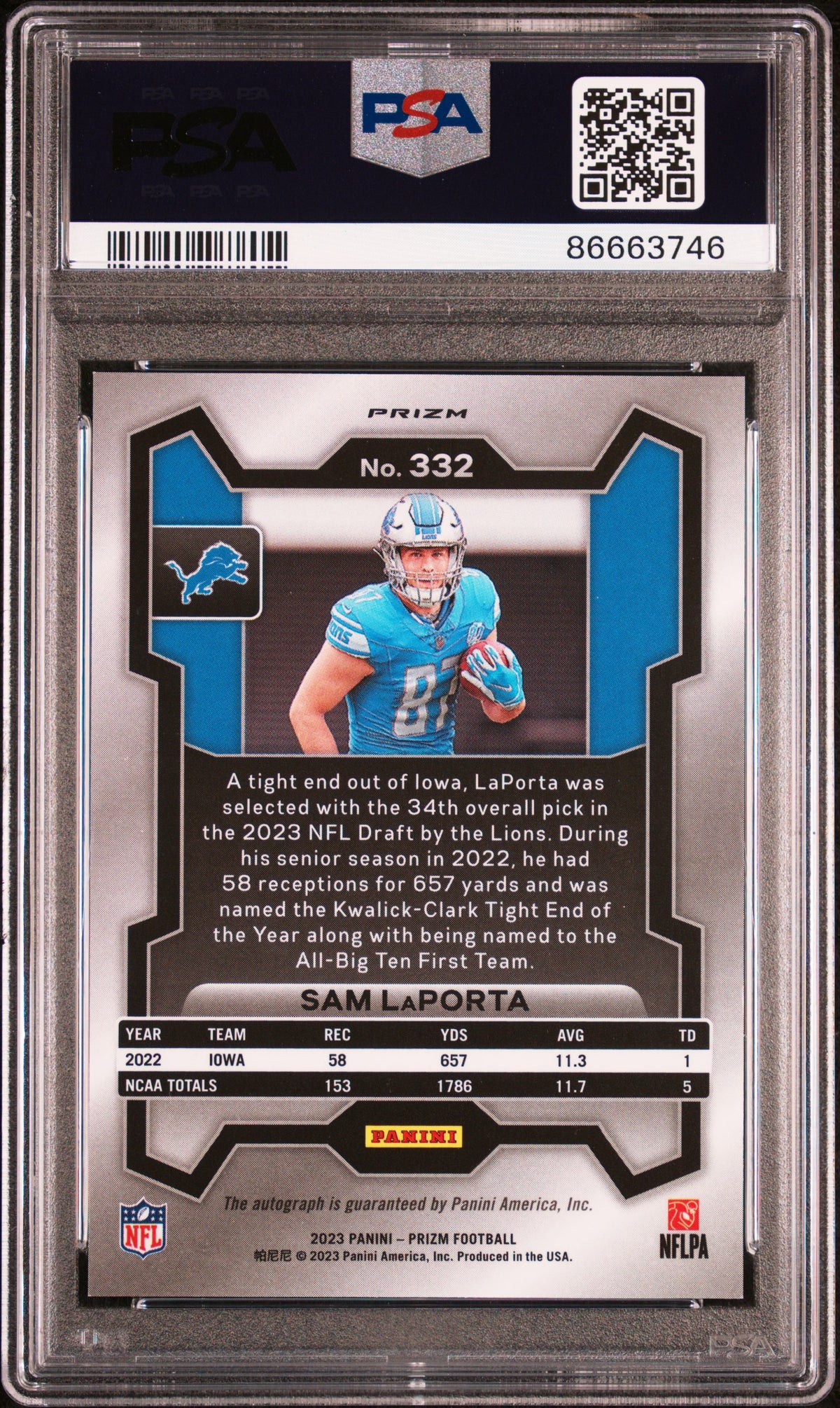 2023 Panini Prizm #332 Sam Laporta Autograph-Pink Prizm PSA 10