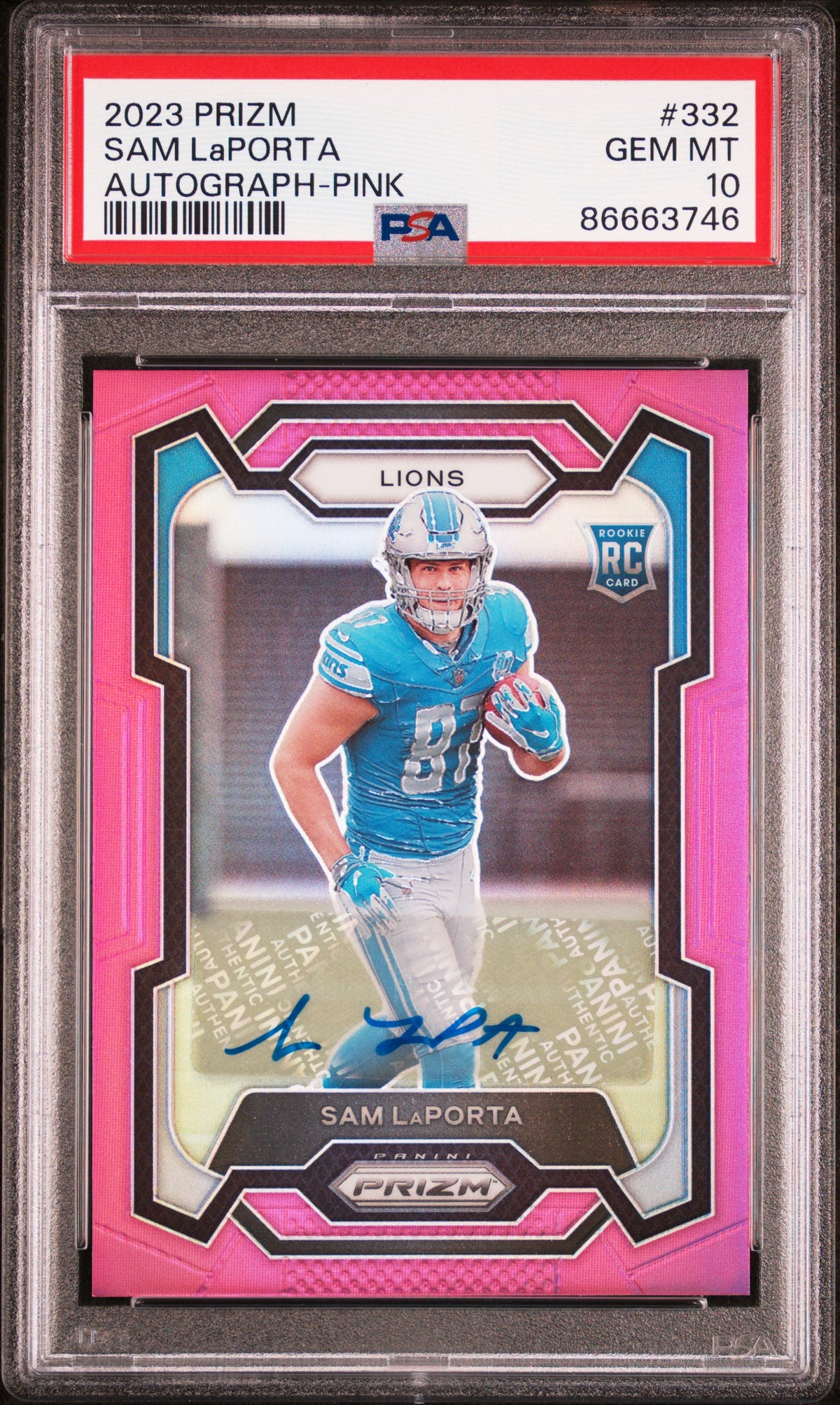 2023 Panini Prizm #332 Sam Laporta Autograph-Pink Prizm PSA 10