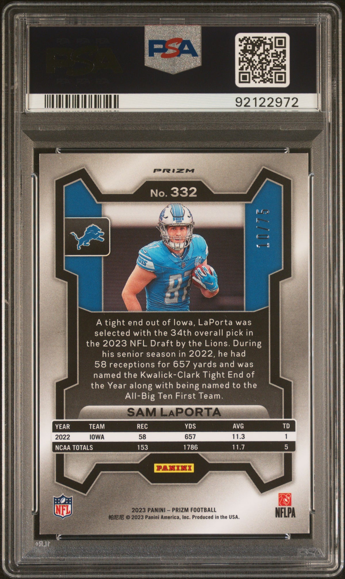 2023 Panini Prizm #332 Sam Laporta Green Scope PSA 10 #/75