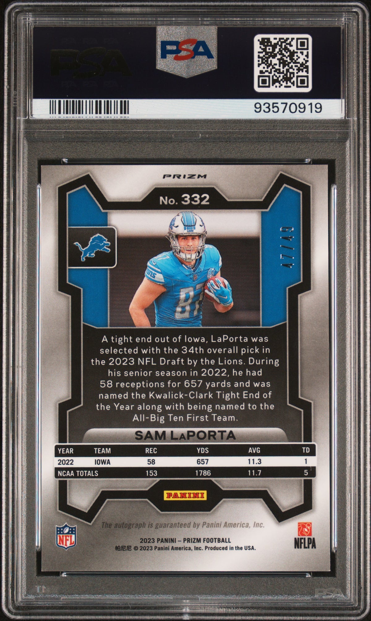 2023 Panini Prizm #332 Sam Laporta Autograph-Purple Power PSA 9 #/49