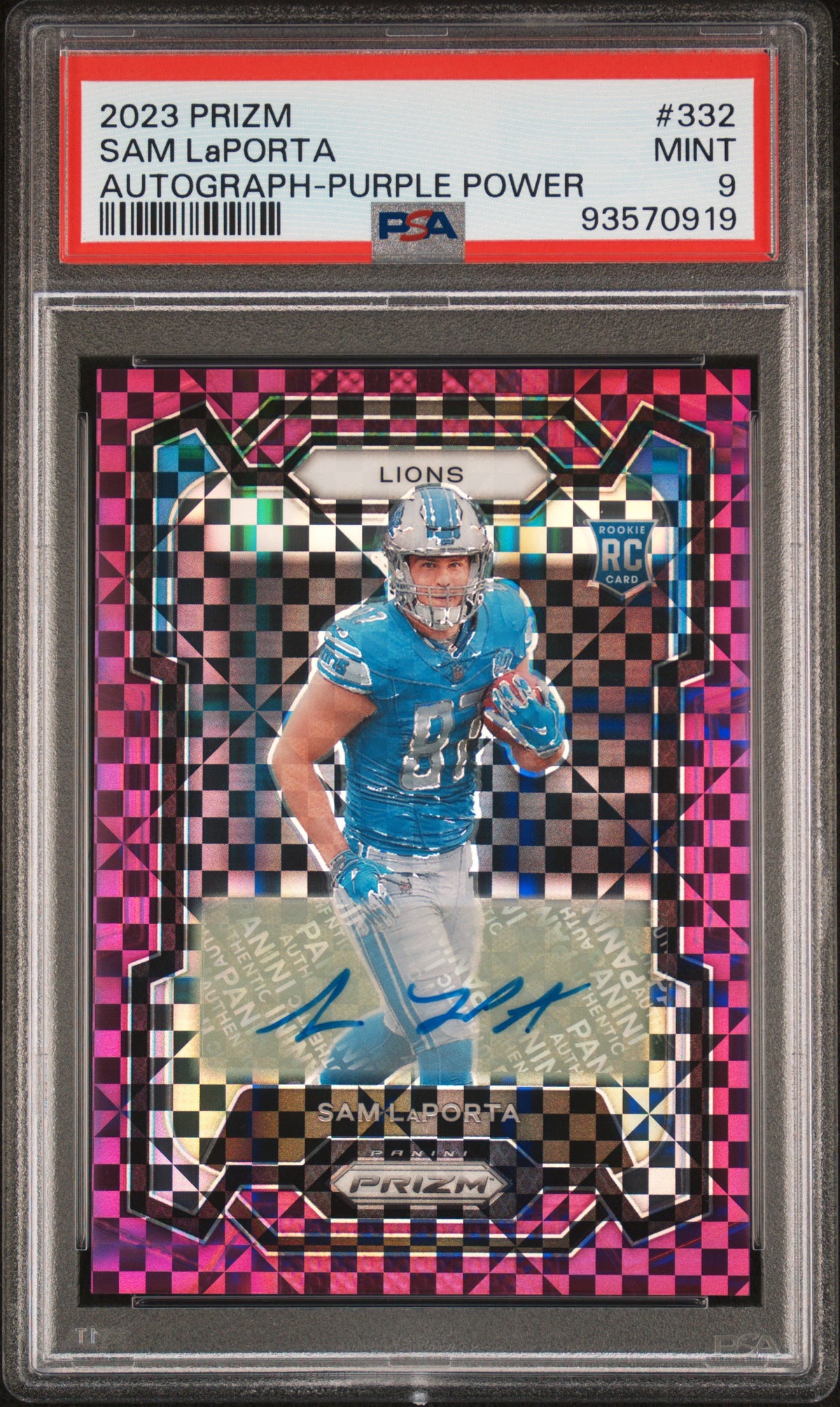 2023 Panini Prizm #332 Sam Laporta Autograph-Purple Power PSA 9 #/49