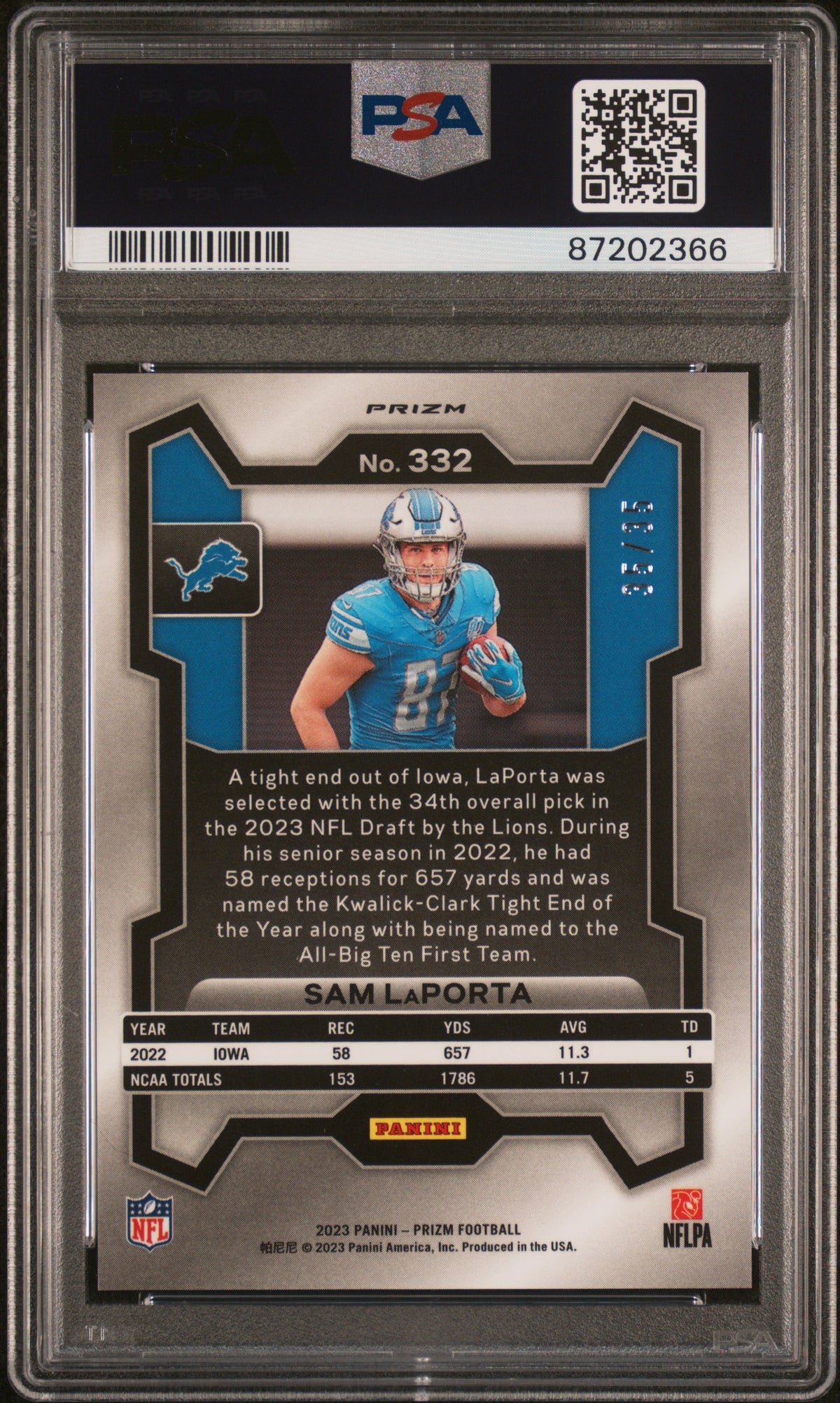 2023 Panini Prizm #332 Sam Laporta Red Shimmer PSA 10 #/35