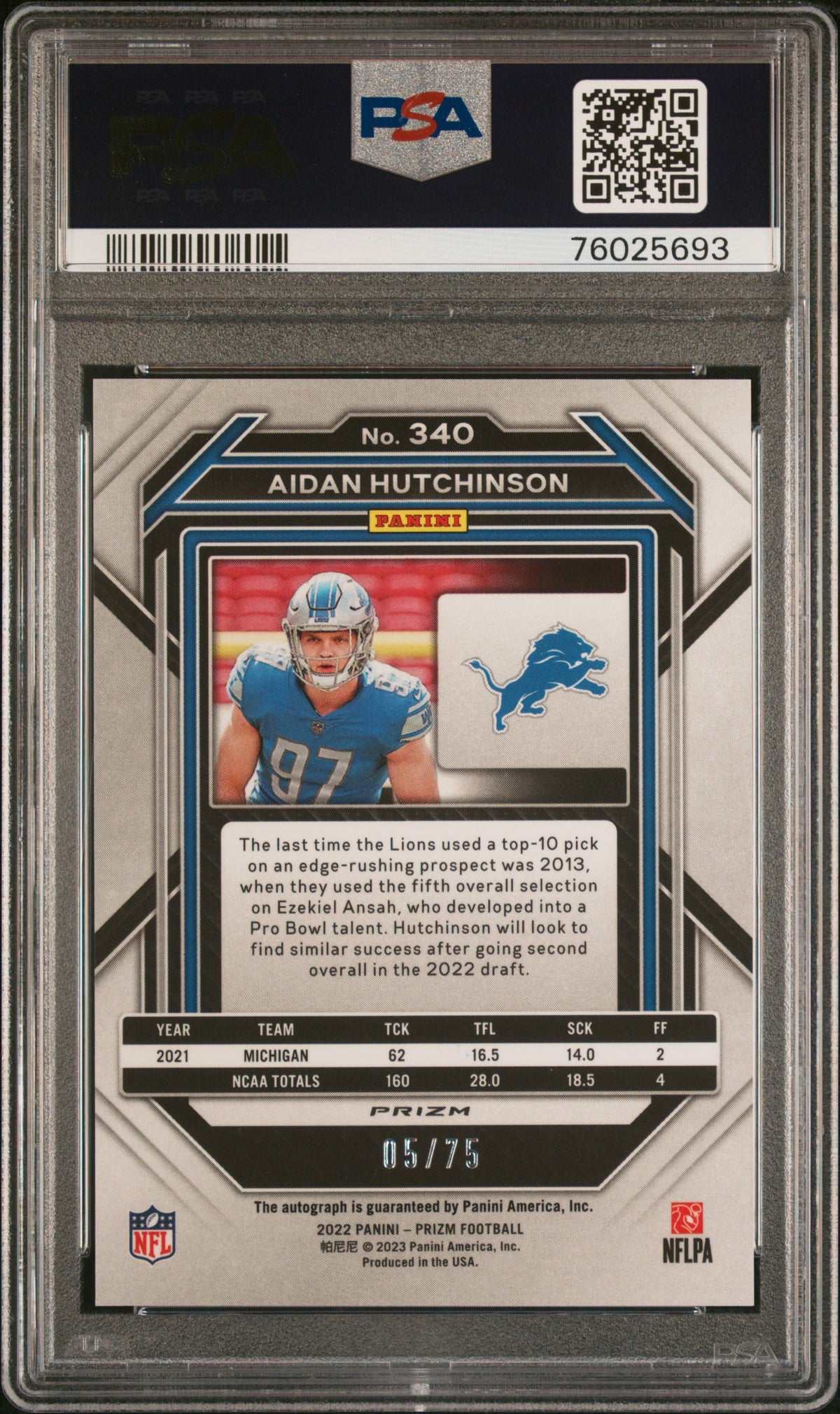 2022 Panini Prizm #340 Aidan Hutchinson Autograph-Green Scope PSA 10 #/75