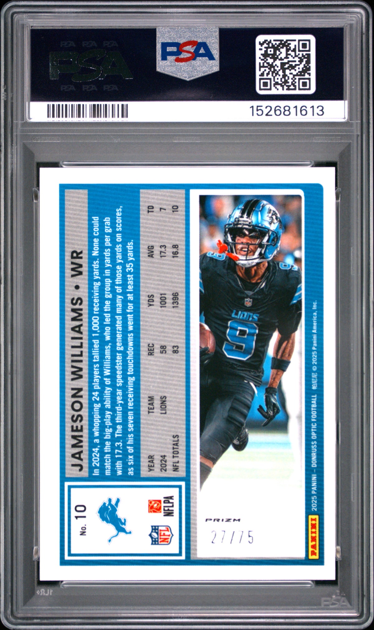 2025 Panini Donruss Optic #10 Jameson Williams Electricity PSA 10 #/75