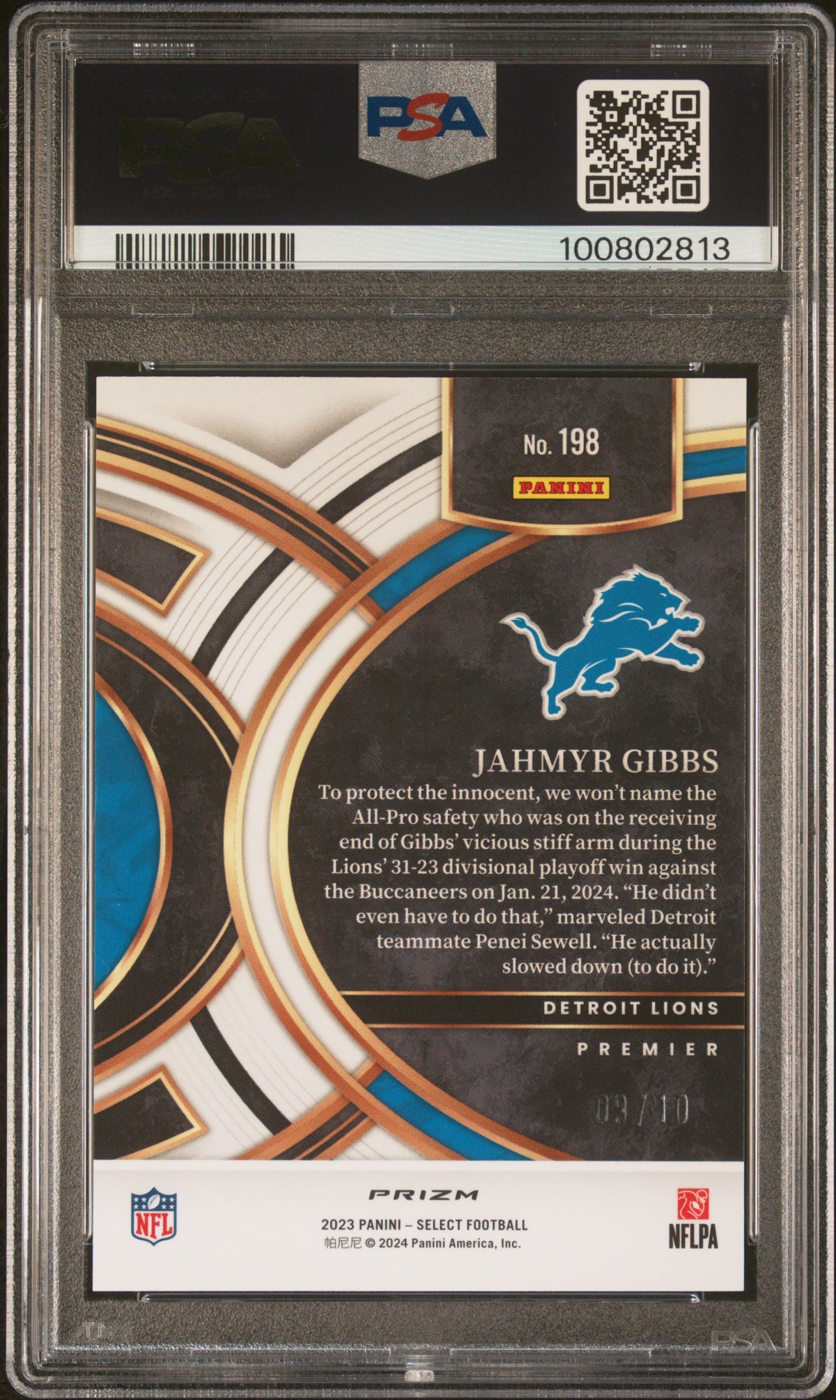 2023 Panini Select #198 Jahmyr Gibbs Gold Prizm PSA 9 #/10