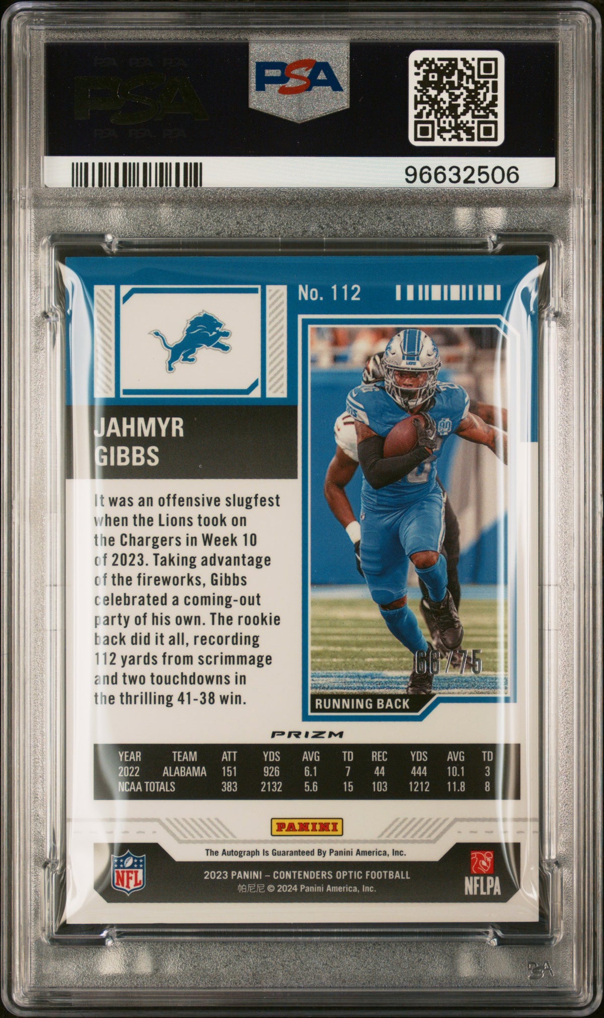 2023 Panini Contenders Optic #112 Jahmyr Gibbs Autograph-Blue PSA 9 #/75