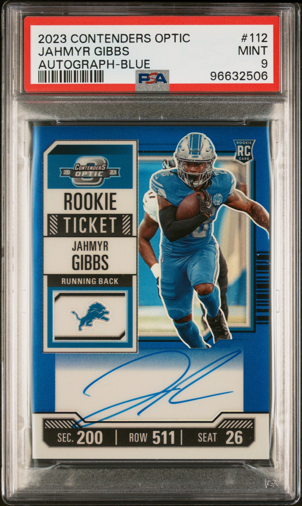 2023 Panini Contenders Optic #112 Jahmyr Gibbs Autograph-Blue PSA 9 #/75