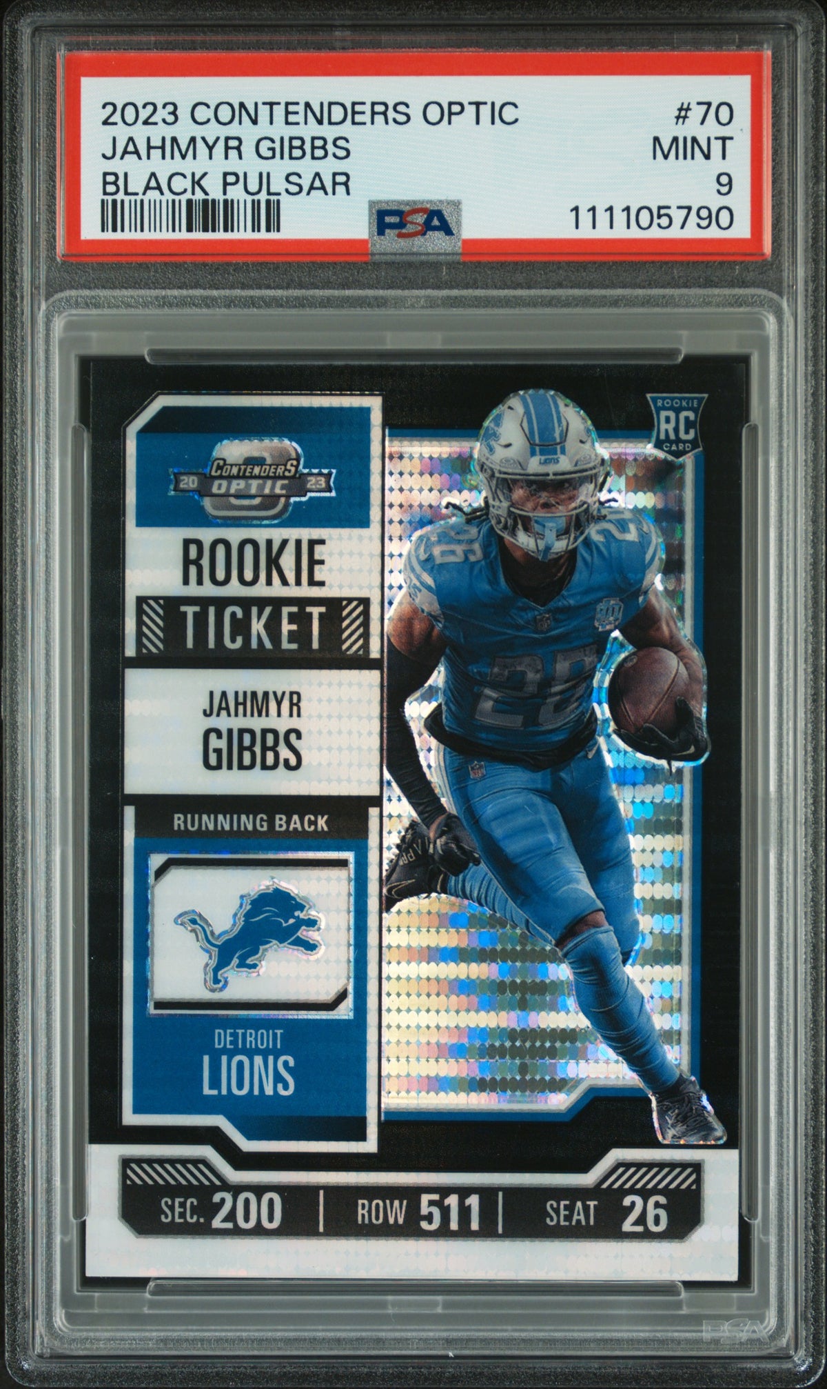 2023 Panini Contenders Optic #70 Jahmyr Gibbs Black Pulsar PSA 9 #/5