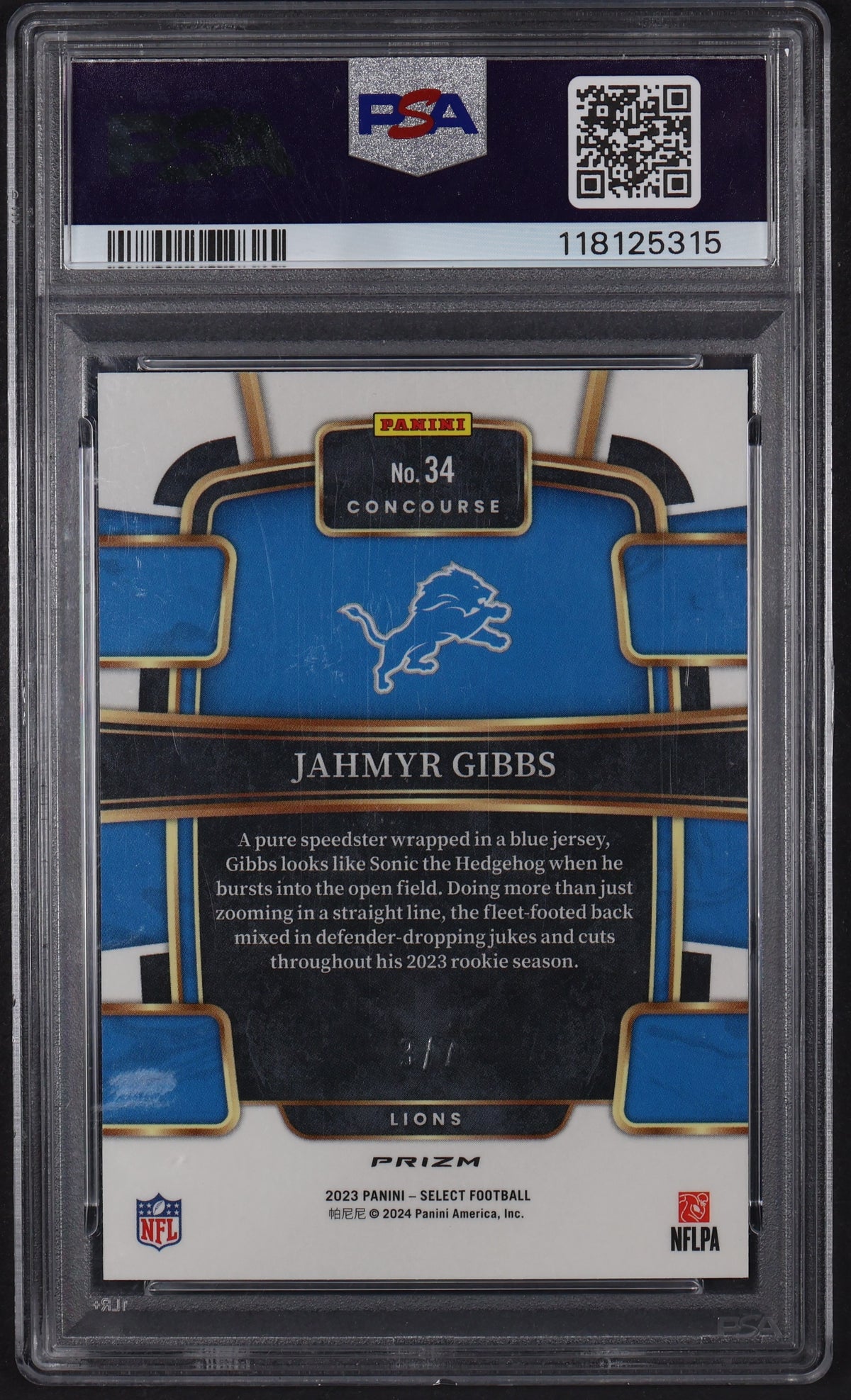 2023 Panini Select #34 Jahmyr Gibbs Neon Orange Pulsar Prizm PSA 10 #/7