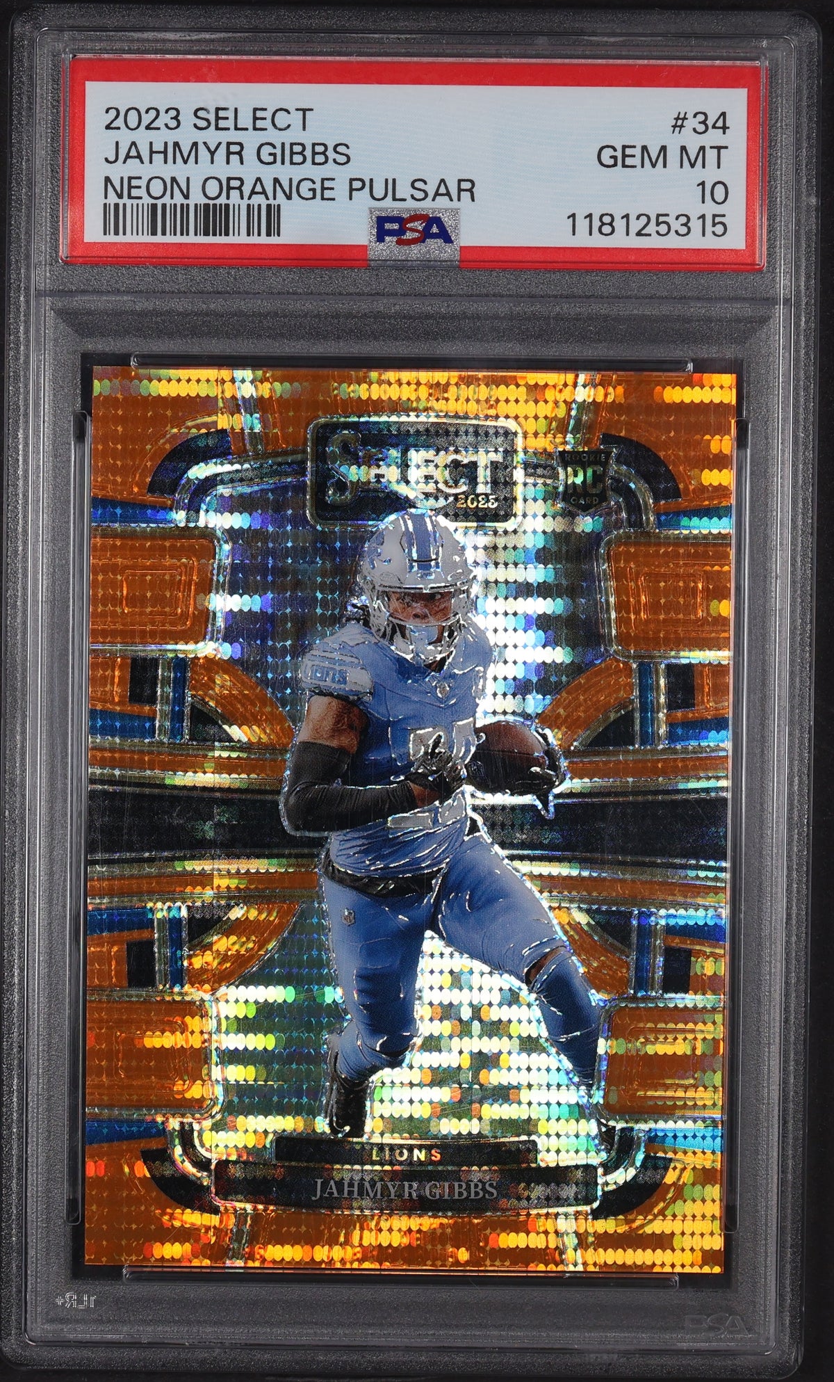2023 Panini Select #34 Jahmyr Gibbs Neon Orange Pulsar Prizm PSA 10 #/7