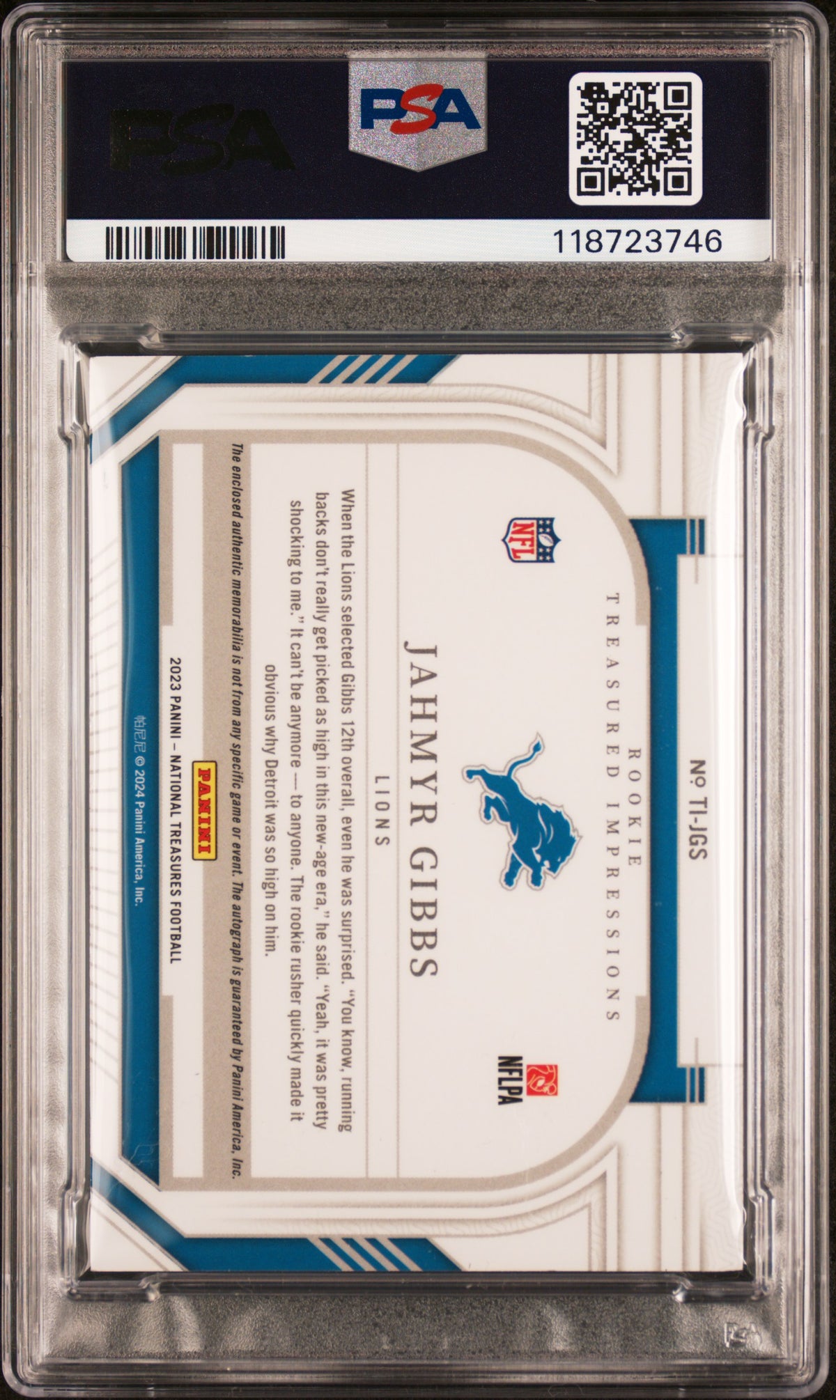 2023 National Treasures #TRC-JGS Jahmyr Gibbs Rookie Platinum PSA Authentic #/1