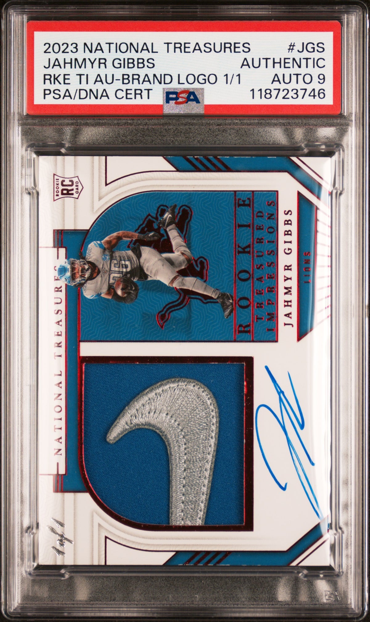 2023 National Treasures #TRC-JGS Jahmyr Gibbs Rookie Platinum PSA Authentic #/1