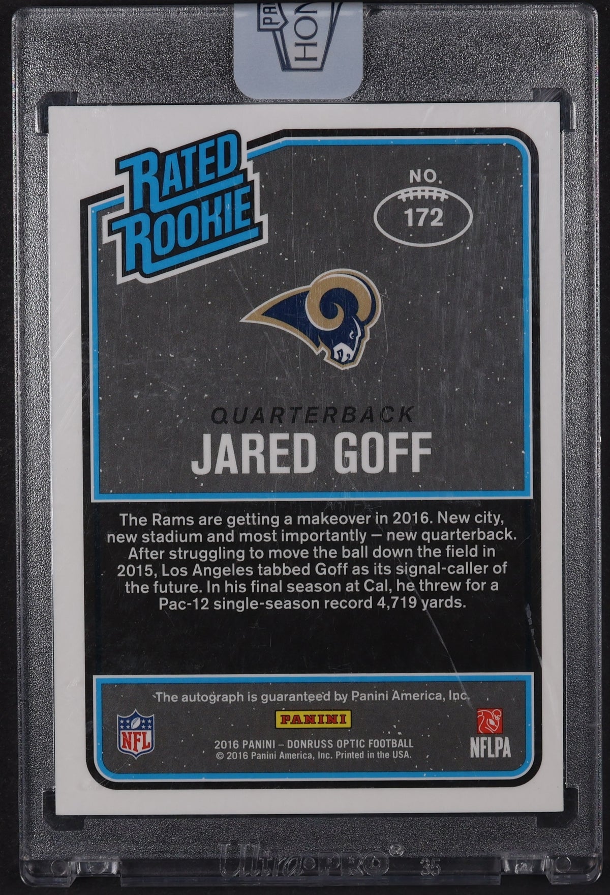 2016 Donruss Optic #172 Jared Goff Rated Rookies Blue Autograph  #/3