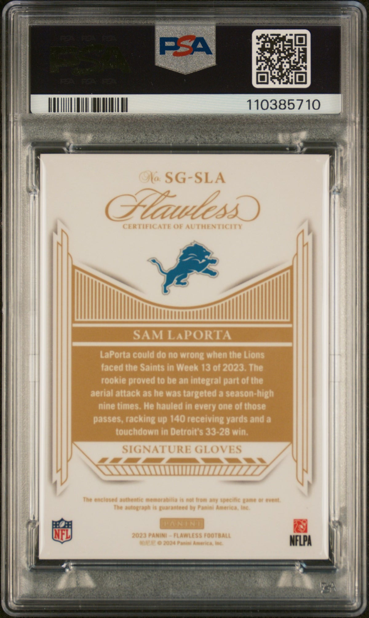 2023 Panini Flawless Signature Gloves #SGSLA Sam Laporta - Silver PSA 9 #/20