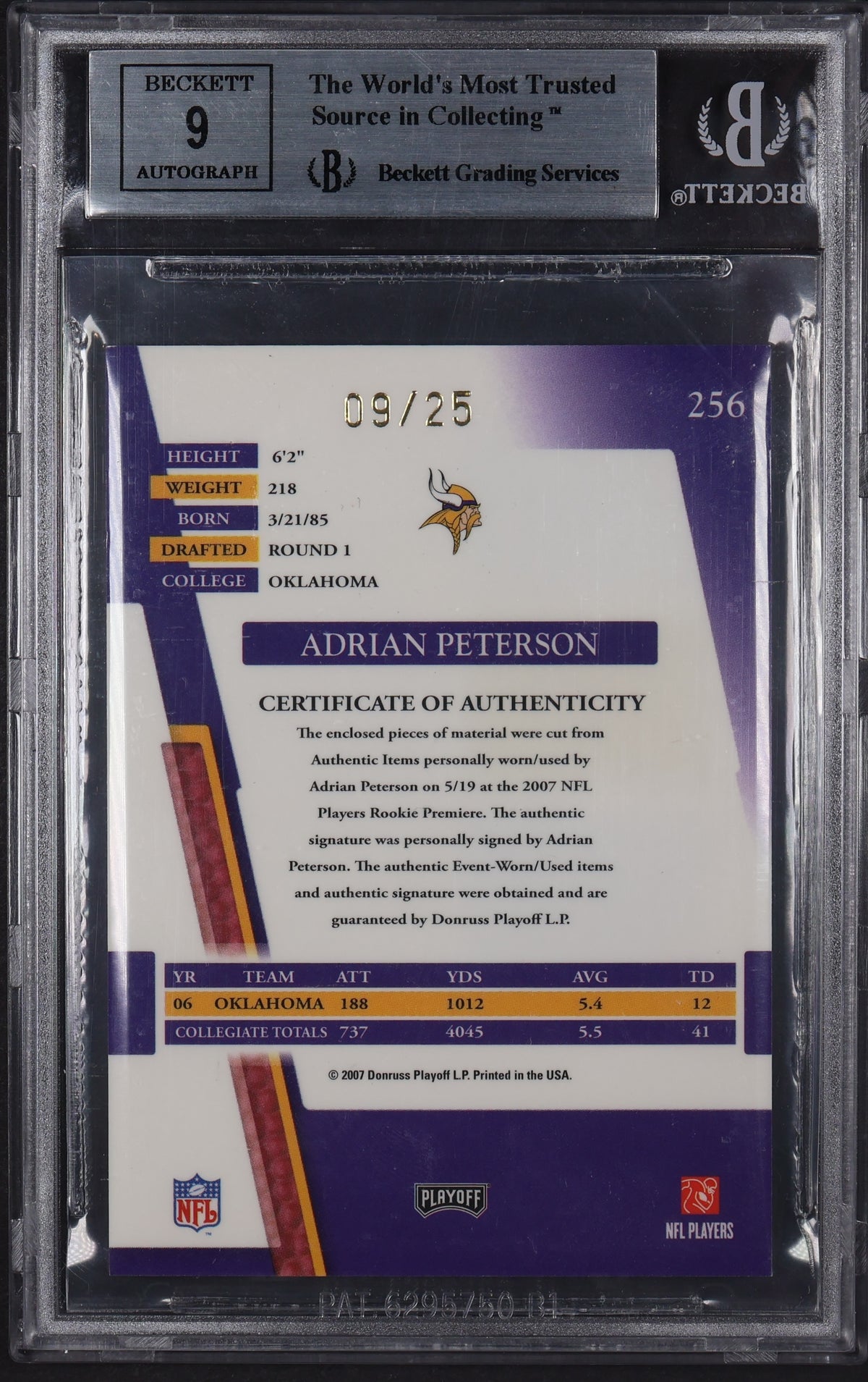 2007 Playoff Absolute #256 Adrian Peterson Rookie Materials Auto BGS 8.5 #/25